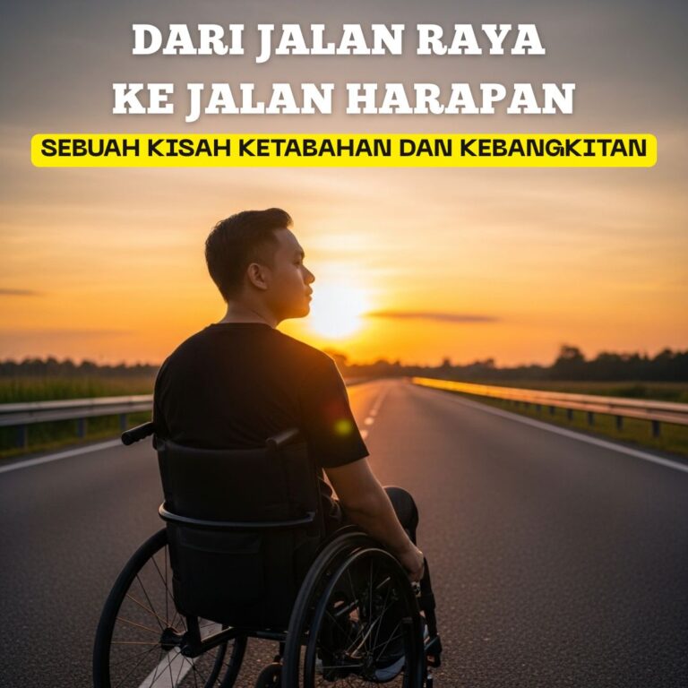 A Malay man in a wheelchair seen from behind on an empty road during sunset, symbolizing the start of a new journey in life.